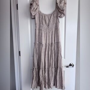 Altar'd State Neutral Floral Puff-Sleeve Tiered Maxi Dress